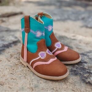 🐾 Charming Brown and Teal Kids Boots with Heart Design